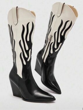 SHEIN Black & Cream Flame Western Knee Boots
